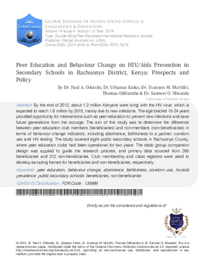 Peer Education and Behaviour Change on Hiv/Aids Prevention in Secondary Schools in Rachuonyo District, Kenya: Prospects and Policy.