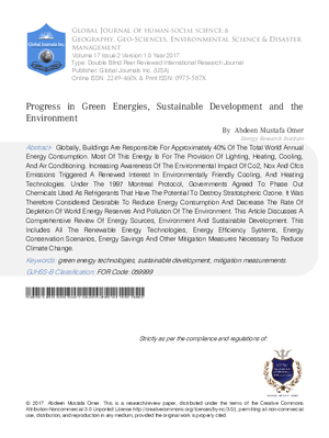 Progress in Green Energies, Sustainable Development and the Environment