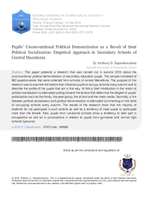 Pupils Unconventional Political Demonstration as a Result of their Political Socialization: Empirical Approach in Secondary Schools of Central Macedonia