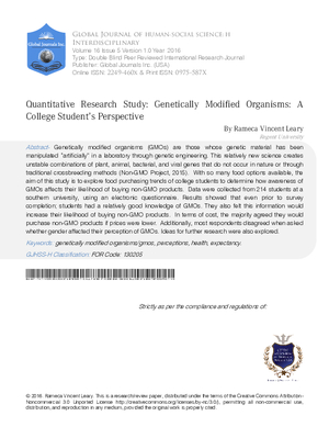 Quantitative Research Study: Genetically Modified Organisms: A College Studentas Perspective