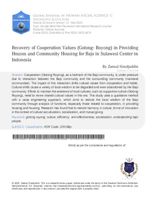 Recovery of Cooperation Values (Gotong-Royong) in Providing Houses and Community Housing for Bajo in Sulawesi Center in Indonesia