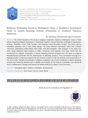 Religious Moderation based on Theological Value: A Qualitative Sociological Study in Islamic Boarding Schools (Pesantren) in Southeast Sulawesi Indonesia