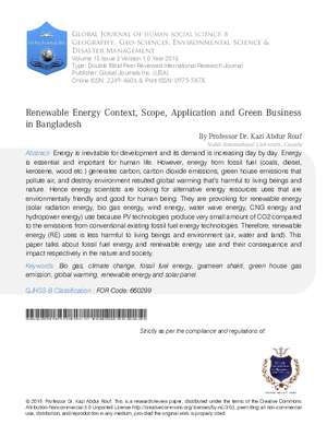 Renewable Energy Context, Scope, Application and Green Business in Bangladesh