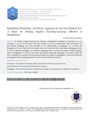 Rethinking Probability of Eclectic Approach in the Post-Method Era: A Study for Making English Teaching-Learning Effective in Bangladesh