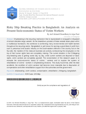 Risky Ship Breaking Practice in Bangladesh: An Analysis on Present Socio-economic Status of Victim Workers