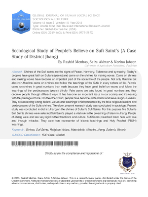 Sociological Study of Peopleas Believe on Sufi Saintas (A Case Study of District Jhang)