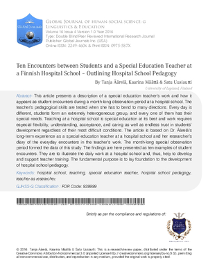 Ten Encounters between Students and a Special Education Teacher at a Finnish Hospital School - Outlining Hospital School Pedagogy