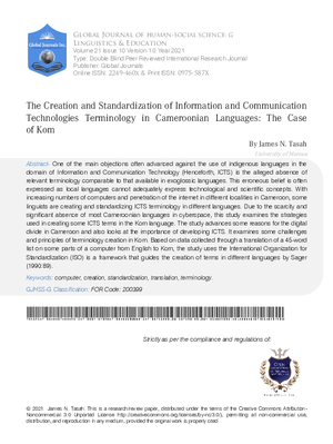 The Creation and Standardization of Information and Communication Technologies Terminology in Cameroonian Languages: The Case of Kom