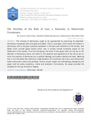 The Doctrine of the Rule of Law; A Necessity to Democratic Governance