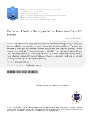 The Impact of Pre-Task Planning on the Oral Production of Saudi EFL Learners