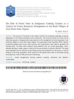 The Role of Forest Trees in Indigenous Farming Systems as a Catalyst for Forest Resources Management in the Rural Villages of Cross River State, Nigeria
