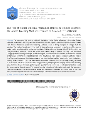 The Role of Higher Diploma Program in Improving Trained Teachersa Classroom Teaching Methods: Focused on Selected CTE of Oromia