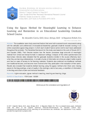 Using the Jigsaw Method for Meaningful Learning to Enhance Learning and Rentention in an Educational Leadership Graduate School Course