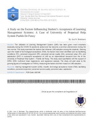 A Study on the Factors Influencing Student’s Acceptance of Learning Management Systems: A Case of University of Perpetual Help System Pueblo de Panay