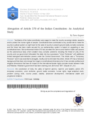 Abrogation of Article 370 of the Indian Constitution: An Analytical Study