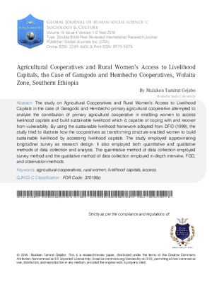 Agricultural Cooperatives and Rural Womenas Access to Livelihood Capitals, the Case of Garagodo and Hembecho Cooperatives, Wolaita Zone, Southern Ethiopia
