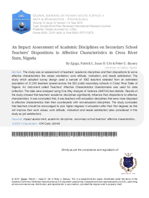 An Impact Assessment of Academic Disciplines on Secondary School Teachersa Dispositions to Affective Characteristics in Cross River State, Nigeria