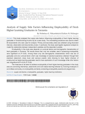 Analysis of Supply Side Factors Influencing Employability of Fresh Higher Learning Graduates in Tanzania