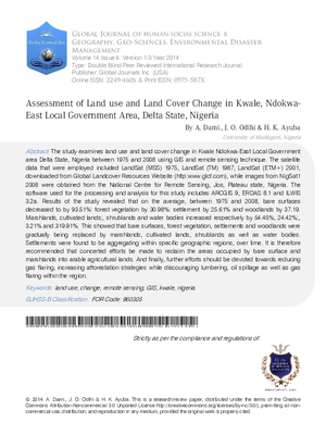 Assessment of Land use and Land Cover Change in Kwale, Ndokwa-East Local Government Area, Delta State, Nigeria