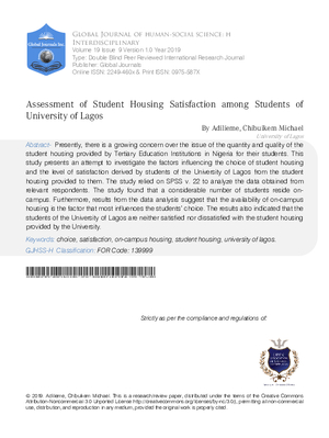 Assessment of Student Housing Satisfaction Among Students of University of Lagos