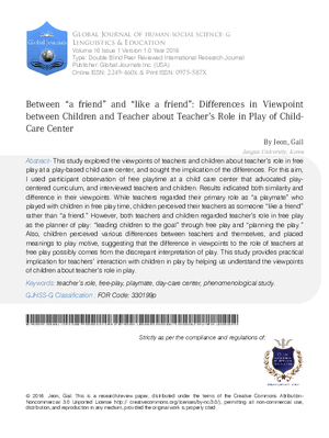 Between aoA Frienda And aoLike a Frienda: Differences in Viewpoint between Children and Teacher about Teacheras Role in Play of Child-Care Center
