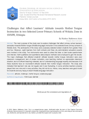 Challenges that Affect Learners Attitude towards Mother Tongue Instruction in two Selected Lower Primary Schools of Wolaita Zone in SNNPR Ethiopia