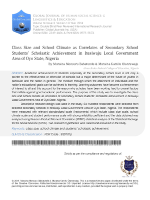 Class Size and School Climate as Correlates of Secondary School Students Scholastic Achievement in Itesiwaju Local Government Area of Oyo State, Nigeria