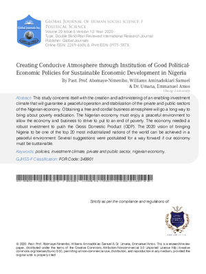 Creating Conducive Atmosphere through Institution of Good Political-Economic Policies for Sustainable Economic  Development in Nigeria