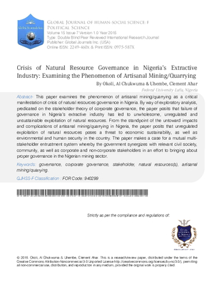 Crisis of Natural Resource Governance in Nigeriaas Extractive Industry: Examining the Phenomenon of Artisanal Mining/Quarrying