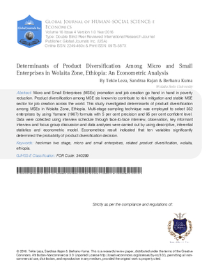Determinants of Product Diversification among Micro and Small Enterprises in Wolaita Zone, Ethiopia: An Econometric Analysis