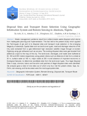 Disposal Sites and Transport Route Selection Using Geographic Information System and Remote Sensing in Abeokuta, Nigeria
