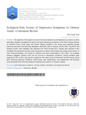 Ecological Risk Factors of Depressive Symptoms in Chinese Youth: A Literature Review