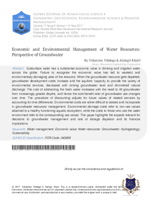 Economic and Environmental Management of Water Resources: Perspective of Groundwater