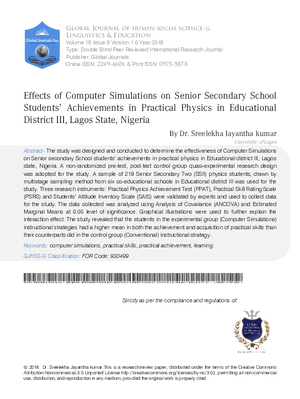 Effects of Computer Simulations on Senior Secondary School Students’ Achievements in Practical Physics in Educational District Iii, Lagos State, Nigeria