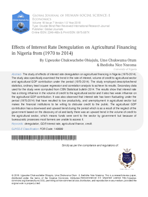 Effects of Interest Rate Deregulation on Agricultural Financing in Nigeria from (1970 to 2014)