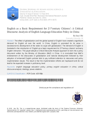 English as a Basic Requirement for 21st Century Citizens: A Critical Discourse Analysis of English Language Education policy in China