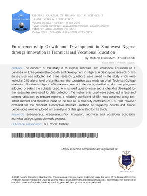 Entrepreneurship Growth and Development in Southwest Nigeria through Innovation in Technical and Vocational Education