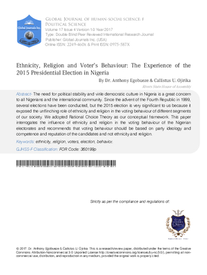 Ethnicity, Religion and Voters Behaviour: The Experience of the 2015 Presidential Election in Nigeria