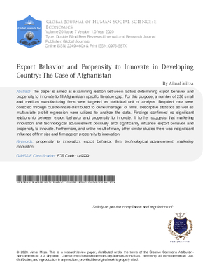 Export Behavior and Propensity to Innovate in Developing Country: The  Case of Afghanistan