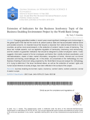Extension of Indicators for the Business Insolvency Topic of the Business Enabling Environment Project by the World Bank Group