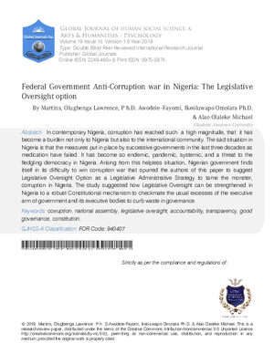 Federal Government Anti-Corruption War in Nigeria: The Legislative Oversight Option
