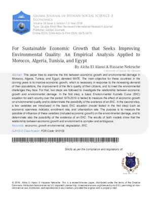 For Sustainable Economic Growth that Seeks Improving Environmental Quality An Empirical Analysis Applied To Morocco Algeria Tunisia and Egypt