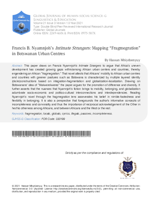 Francis B. Nyamnjoh’s Intimate Strangers: Mapping “Fragmegration” in Botswanan Urban Centres