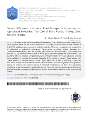 Gender differences in Access to Rural Transport Infrastructure and Agricultural Production: The Case of Horro Guduru Wollega Zone, Western  Ethiopia.