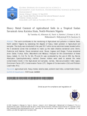 Heavy Metal Content of Agricultural Soils in a Tropical Sudan Savannah Area: Katsina State, North-Western Nigeria