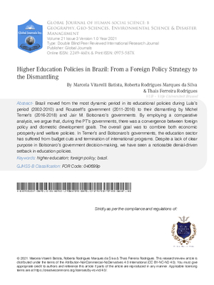 Higher Education Policies in Brazil: From a Foreign Policy Strategy to the Dismantling
