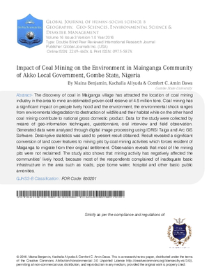 Impact of Coal Mining on the Environment in Mainganga Community of Akko Local Government, Gombe State, Nigeria