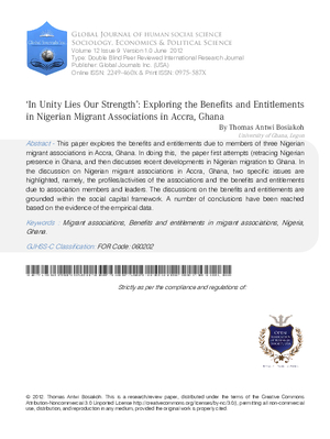 aIn Unity Lies Our Strengtha: Exploring the Benefits and Entitlements in Nigerian Migrant Associations in Accra, Ghana