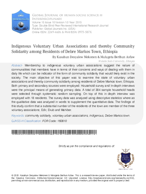 Indigenous Voluntary Urban Associations and Thereby Community Solidarity among Residents of Debre Markos Town, Ethiopia