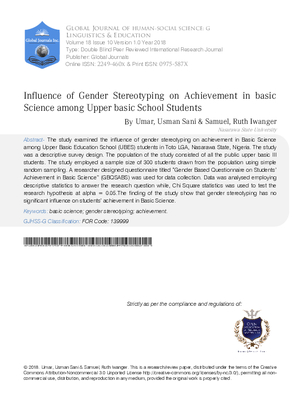 Influence of Gender Stereotyping on Achievement in Basic  Science among Upper Basic School Students